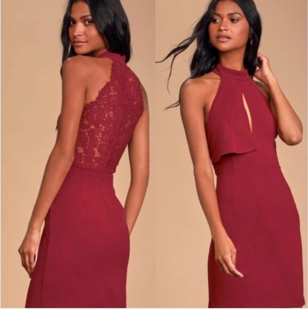 Lulus Rayleigh Burgundy Lace Halter Bodycon Mini Dress Size M NEW